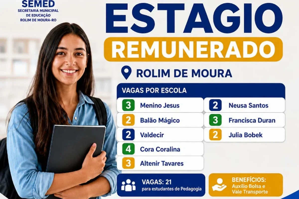 Semed de Rolim de Moura abre vagas para estágio remunerado em Pedagogia e Sistemas de Informação