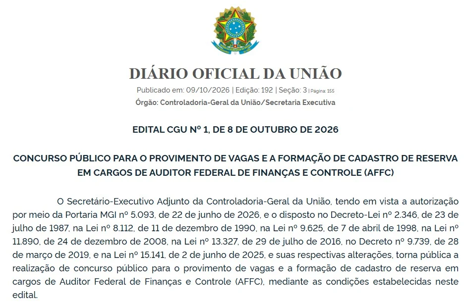 CGU publica edital de concurso para Auditor Federal de Finanças e Controle com vagas para Rondônia